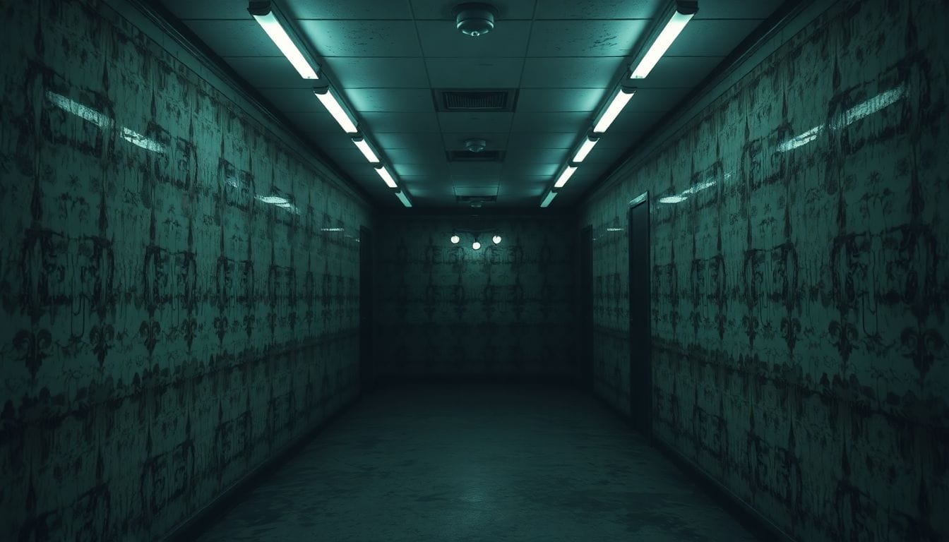 Uma representação fotorealista de um ambiente de terror inspirado nos Backrooms, com corredores intermináveis e iluminação fluorescente sombrio. Esta imagem evoca a sensação de medo e desconforto que se relaciona com a onda de horror no YouTube, destacando a crescente popularidade do gênero entre os criadores de conteúdo.