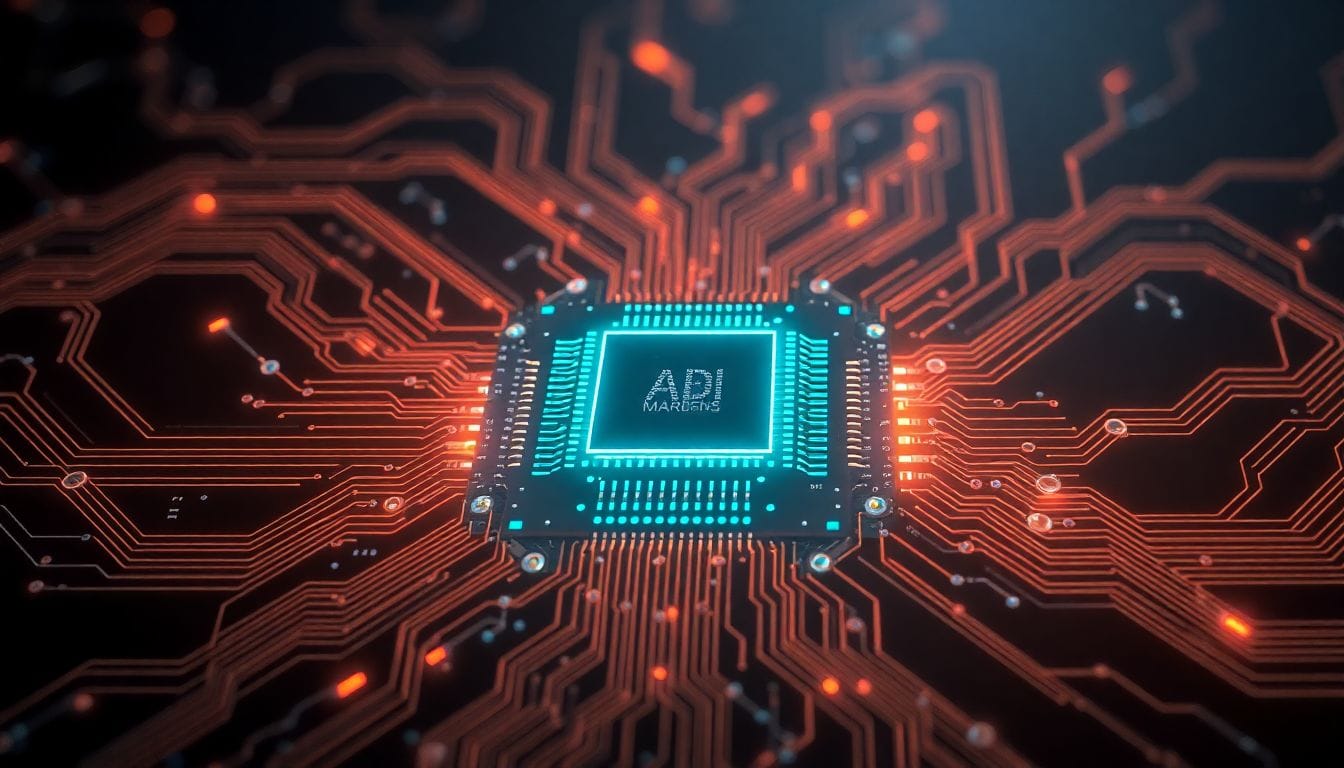 Uma representação fotorealista de um chip de inteligência artificial em um circuito, simbolizando a complexidade da tecnologia e os termos de IA discutidos para tornar a compreensão mais acessível ao público.