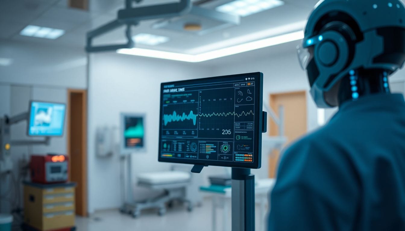Imagem de um modelo de inteligência artificial em um hospital, realizando diagnósticos médicos mais precisos do que dois médicos. A imagem ilustra como a AI atua na emergência, potencializando a precisão no atendimento ao paciente.