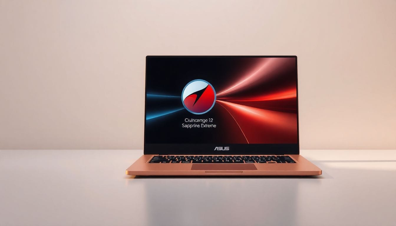 A imagem apresenta o laptop Asus Zenbook A16 em sua inovadora cor 'Beige Zabriskie', destacando o poderoso chip Qualcomm Snapdragon X2 Elite Extreme, que garante desempenho excepcional em um design leve e portátil.