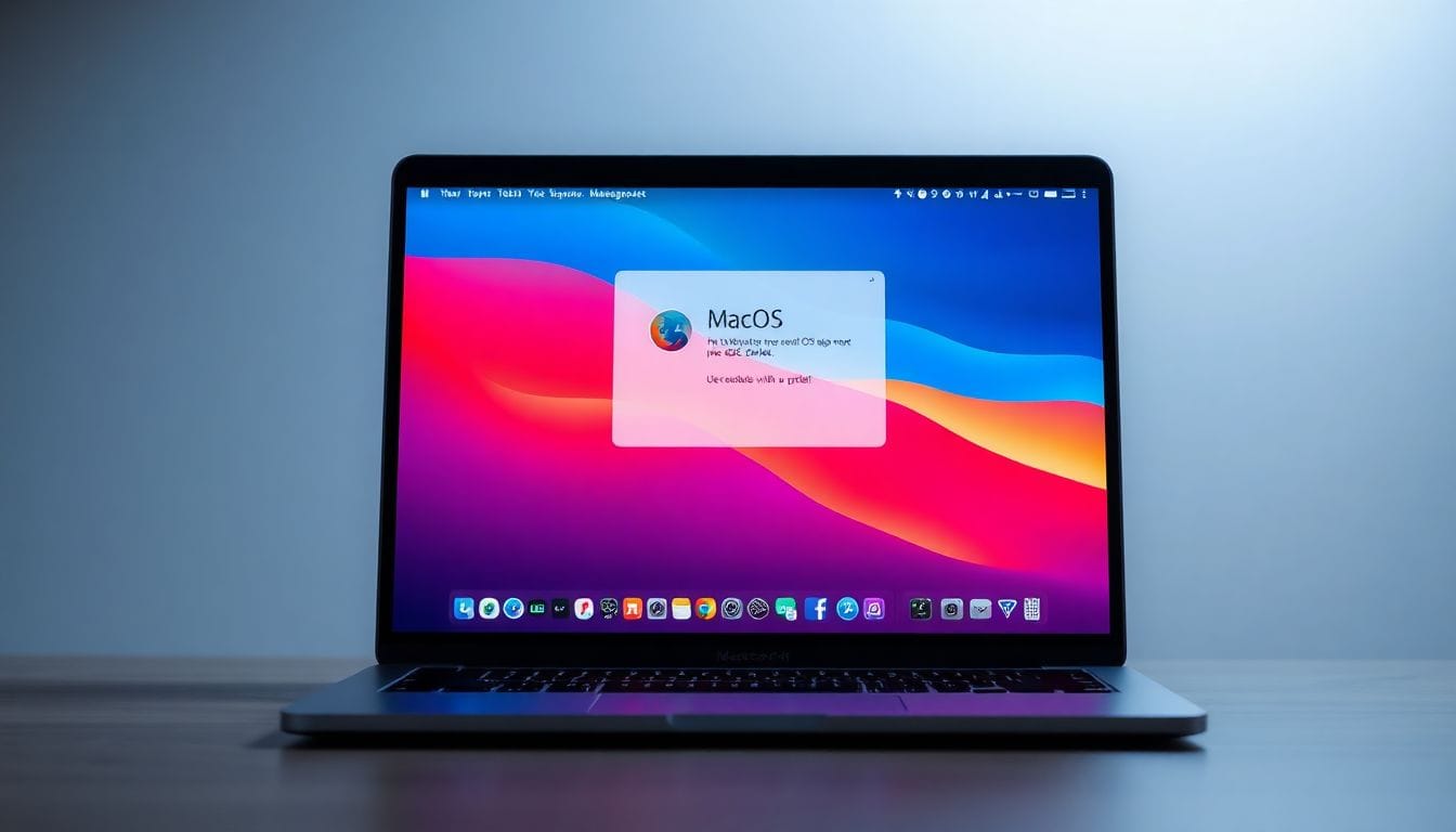 Uma imagem detalhada de um laptop MacBook exibindo a interface do macOS, reforçando a importância de não atrasar as atualizações do sistema. A atualização é essencial para manter a segurança e a performance, principalmente em ambientes de trabalho que utilizam tecnologia Apple.
