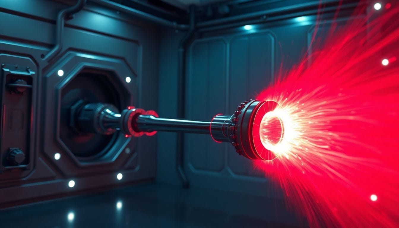 A imagem mostra o propulsor nuclear alimentado por lítio da NASA em ação, destacando a emissão vibrante da pluma vermelha. Essa tecnologia revolucionária representa um avanço significativo na pesquisa de propulsão elétrica, crucial para futuras missões tripuladas a Marte.