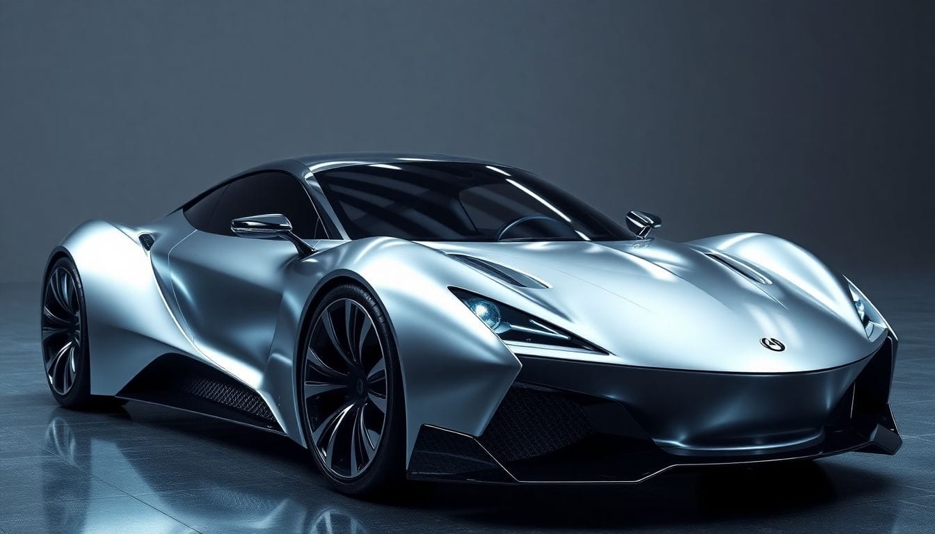 Imagem de um carro projetado por inteligência artificial, ilustrando como as empresas automotivas estão adotando tecnologia avançada para inovar no design de veículos. O carro exibe características futuristas e tecnológicas que representam o futuro da mobilidade.
