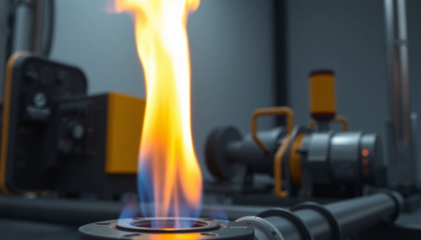 Flame de gás natural sendo queimado, simbolizando a crise energética provocada pela guerra no Irã e a oportunidade de aproveitar o gás desperdiçado para ajudar a mitigar a poluição de metano.