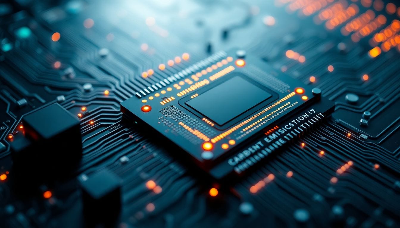 Imagem focada em um chip de computação avançado, simbolizando a análise de dados de emissões de carbono, relevante ao erro identificado no banco de dados de CO2 alimentado por IA, conforme noticia o estudo recente.