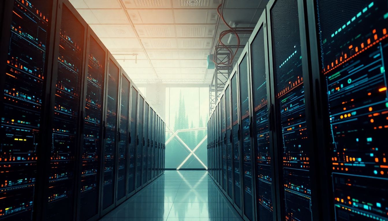 Imagem de um data center de inteligência artificial da Microsoft, destacando a interação entre tecnologia avançada e energia limpa, refletindo o dilema entre a expansão dos data centers e as metas de energia limpa da empresa.
