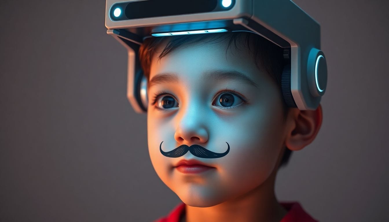 Um sistema de verificação de idade baseado em IA analisa o rosto de uma criança com um bigode desenhado, destacando os novos métodos que a Meta está implementando para evitar que crianças eludam suas restrições de idade. Este sistema pretende melhorar a segurança nas plataformas sociais.