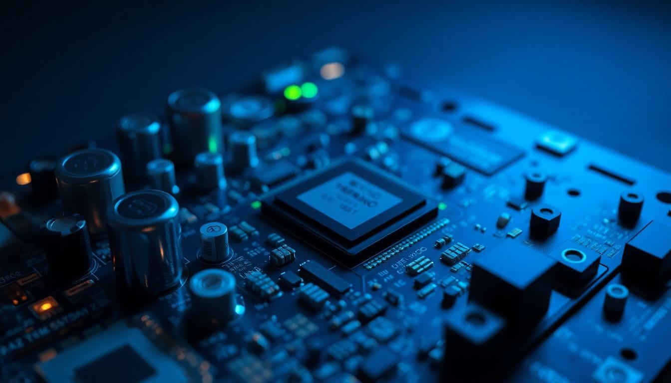 Placa de circuito de uma smart TV, representando o problema de atualizações de software da TCL e Roku que estão afetando o desempenho dos televisores, causando travamentos e telas pretas.