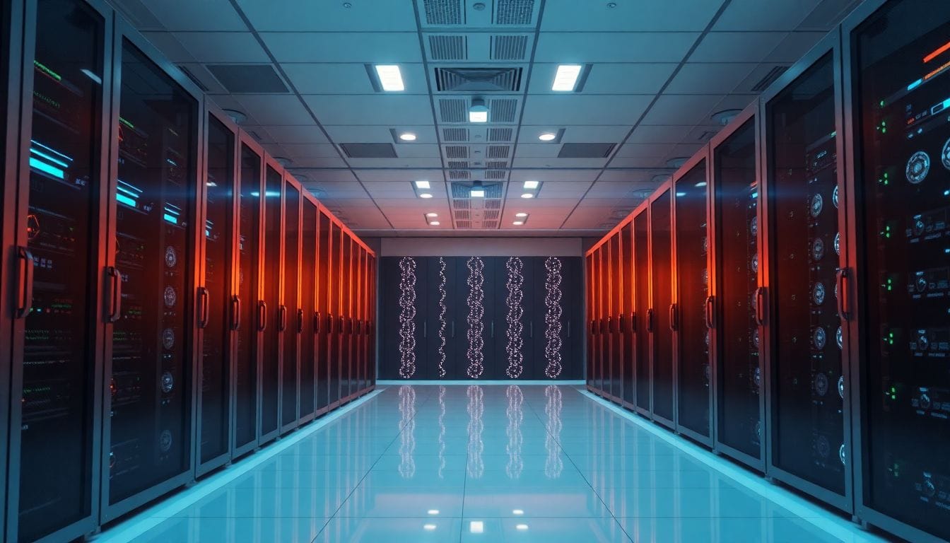 Imagem de um moderno data center, com ênfase nos servidores de última geração, refletindo a nova estratégia da Coatue de adquirir terrenos para expandir sua infraestrutura de data centers, possivelmente para suportar a Anthropic.