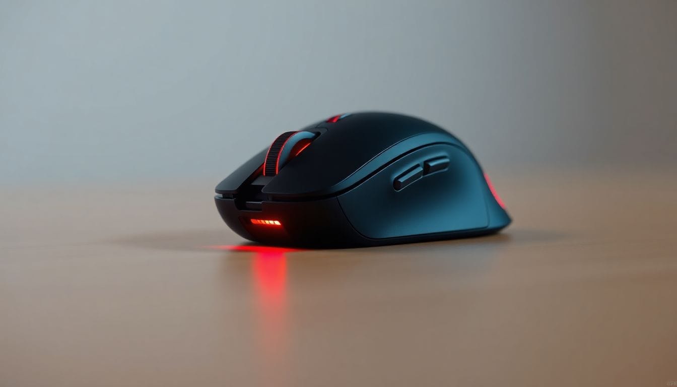 Imagem do mouse Ploopy Bean, que traz o icônico TrackPoint do ThinkPad para um design portátil e inovador. O mouse é apresentado com um fundo minimalista, destacando seu design moderno e os botões personalizáveis.
