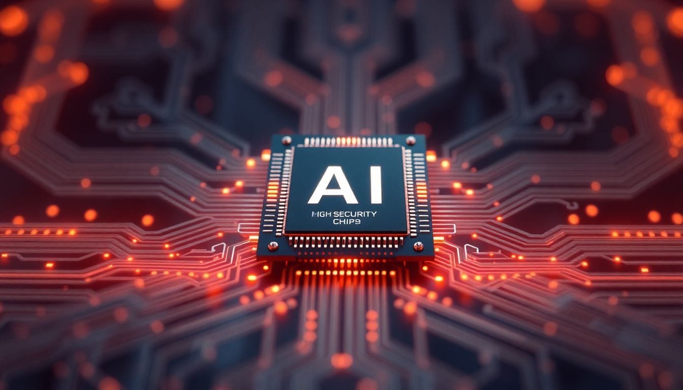 Imagem de um chip de IA avançado, simbolizando a nova abordagem de regulamentação de IA discutida na notícia sobre Trump e a segurança tecnológica.