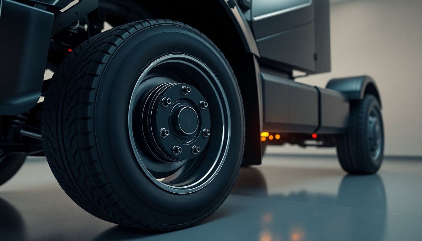 Imagem que ilustra o problema de recall do Tesla Cybertruck, focando na roda e sistema de freios que podem causar a queda das rodas, destacando a importância da segurança automotiva.