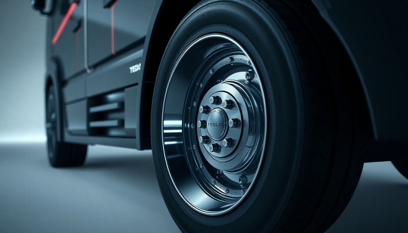 Imagem de um Tesla Cybertruck, destacando o sistema de rodas que foi motivo de recall devido a preocupações de que as rodas poderiam se soltar. A imagem ilustra a complexidade do design e a engenharia envolvida no veículo.