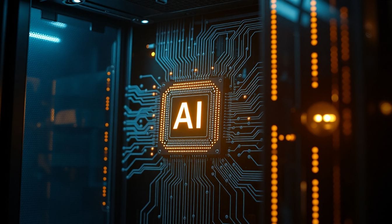 Imagem que destaca um chip de IA em um servidor futurista, simbolizando como a inteligência artificial tornou 1.100 empregos obsoletos na Cloudflare, mesmo com a empresa atingindo um recorde de receita.