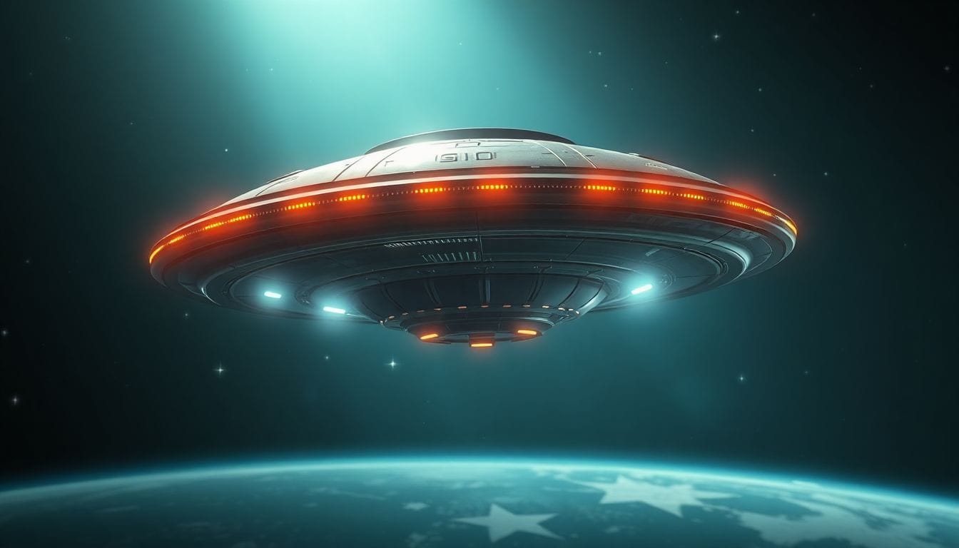 Um objeto voador não identificado (UFO) exibido em detalhes impressionantes, simbolizando a recente liberação de arquivos desclassificados pelo Pentágono sobre fenômenos anômalos não identificados. Esta imagem captura a essência do mistério e inovação tecnológica, atraindo aqueles interessados nas novas informações reveladas.