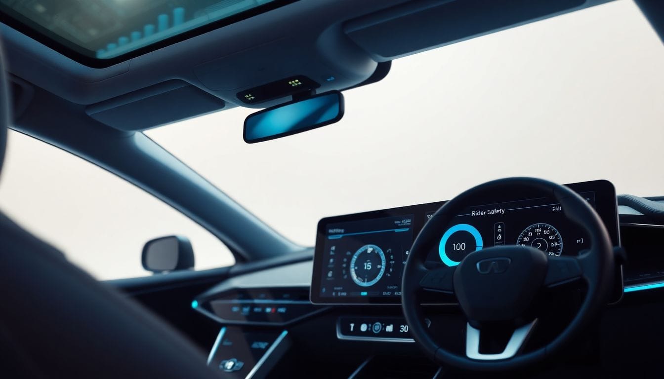 Uma visão detalhada do interior de um carro autônomo, destacando a tecnologia de verificação de idade que a Waymo está implementando para evitar que crianças andem sozinhas em carros sem motorista.