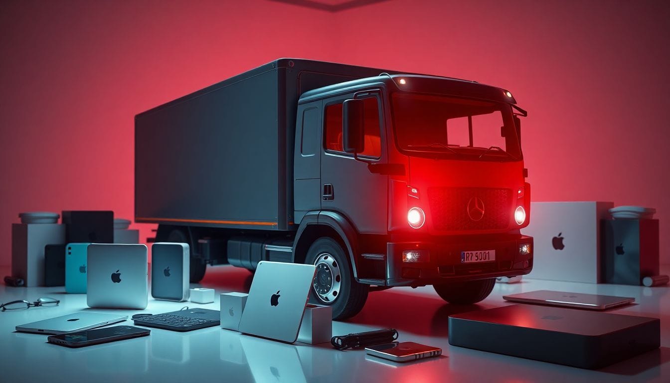 Imagem de um caminhão de entrega rodeado por produtos Apple de luxo, refletindo o roubo de US$ 1,2 milhão em equipamentos Apple por três homens. Esta cena ilustra a gravidade do crime e a violência envolvida no caso recente de sequestro.