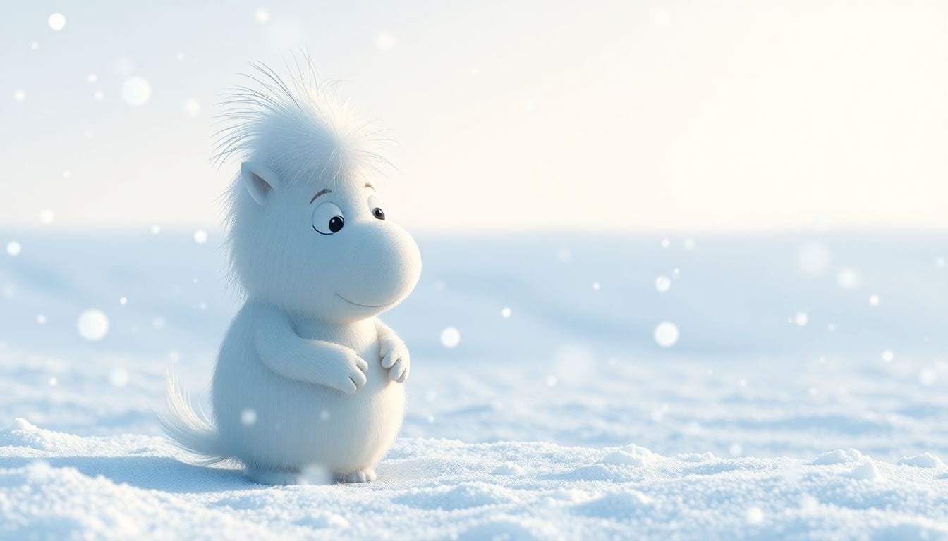 Um Moomintroll explorando um cenário invernal encantador, capturando a essência do jogo 'Moomintroll: Winter's Warmth', que celebra as alegrias e medos do inverno.