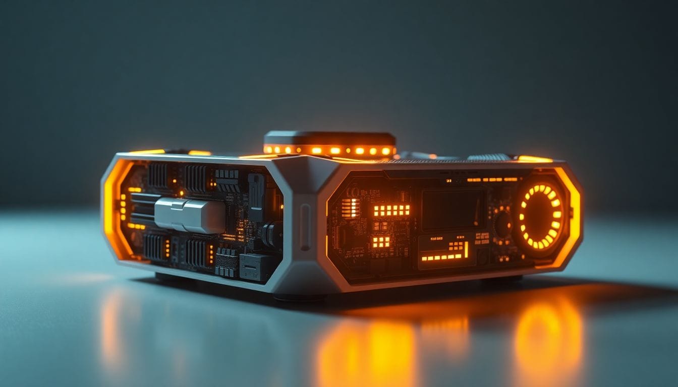 A imagem apresenta um console de jogos futurista e detalhado, simbolizando a importância de 'Uncharted' e sua contribuição para a evolução dos games ao longo dos últimos 20 anos. A estética moderna e tecnológica destaca a influência duradoura da franquia.