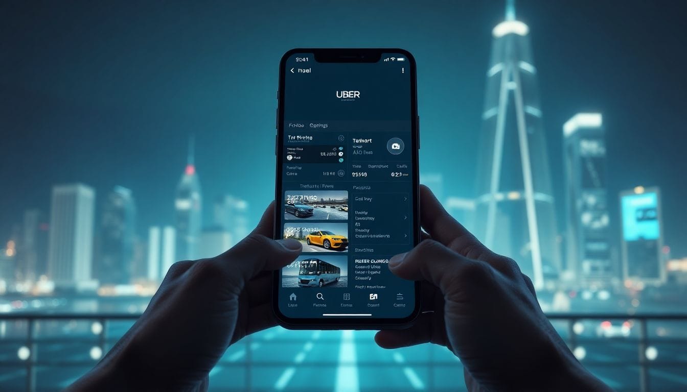 Interface do app da Uber com opções de hotel e transporte, destacando como a empresa sempre quis ser mais do que apenas uma corrida, alinhando-se com a transformação digital no setor de viagens.