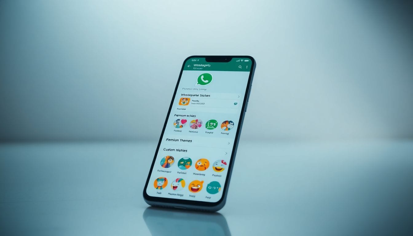 Imagem mostrando um smartphone exibindo o WhatsApp Plus, destacando as novas funcionalidades de assinaturas premium e adesivos personalizáveis que a plataforma oferece.