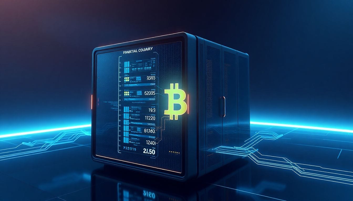 Uma visão detalhada de um servidor de blockchain futurista, simbolizando o recente investimento de $222 milhões da Circle para fortalecer as stablecoins e desafiar a Ethereum, refletindo o novo paradigma no mercado de criptomoedas.