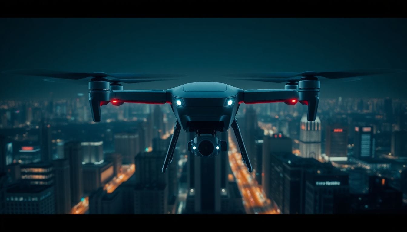 Drone de entrega da Amazon realizando entregas ultrarrápidas de 30 minutos em uma cidade moderna, destacando a inovação da empresa no setor de logística.