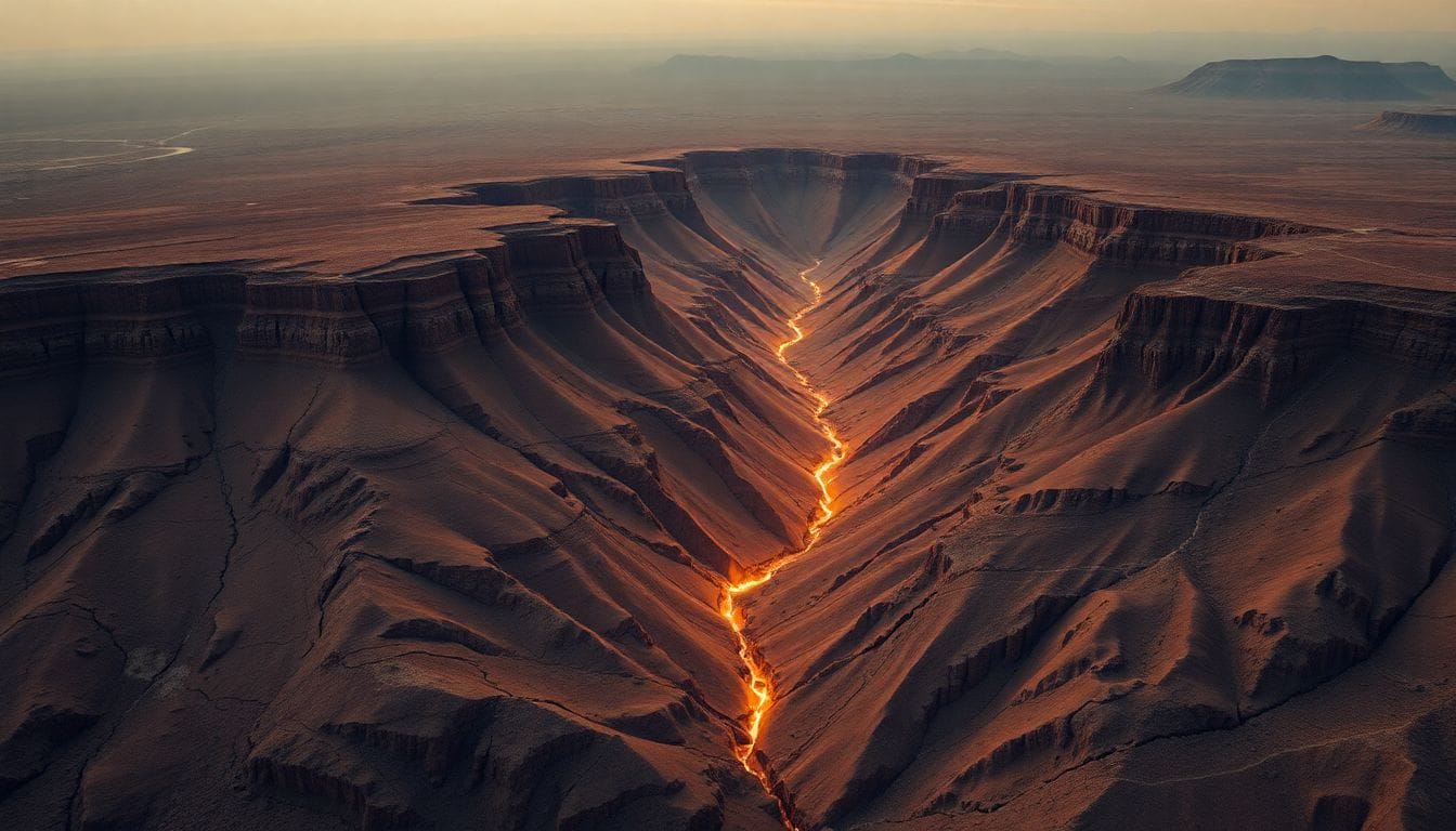 Imagem que ilustra a possível formação de uma nova fronteira tectônica na África, mostrando as fissuras e rifts do Grande Vale do Rift. Esta geografia pode levar à divisão do continente africano ao longo do tempo, conforme sugerido por pesquisadores que estudam a atividade geológica na região.