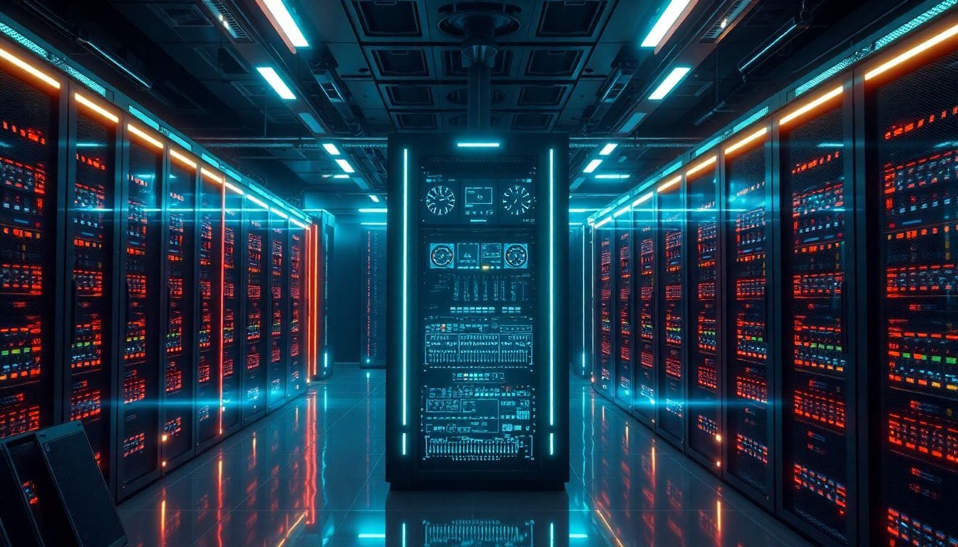 Imagem de um servidor moderno em um ambiente tecnológico avançado, representando o ataque de ransomware que afetou as fábricas norte-americanas da Foxconn, fornecedora da Apple e alvo de recentes ciberataques.