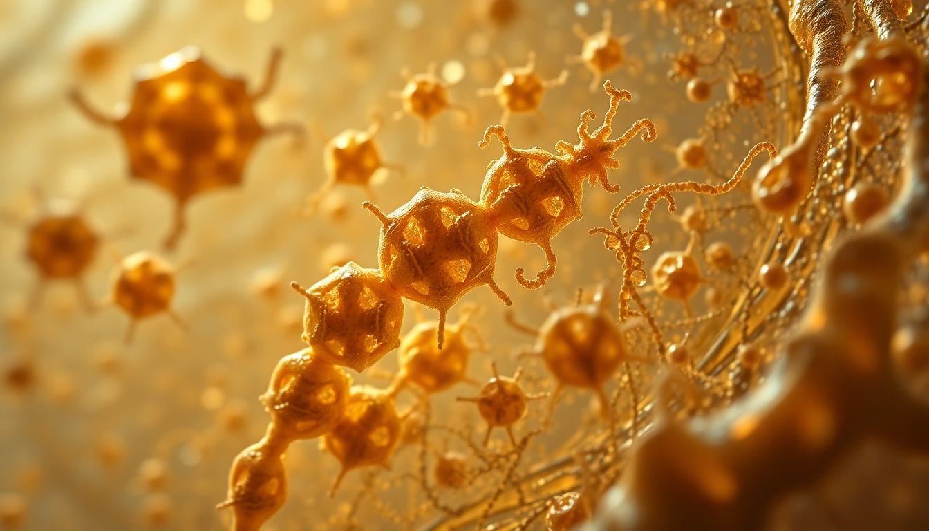 Detalhe de microfósseis de 540 milhões de anos, inicialmente considerados fósseis de animais, mas que na verdade são evidências de algas e bactérias, revelando novos insights sobre a evolução da vida na Terra.