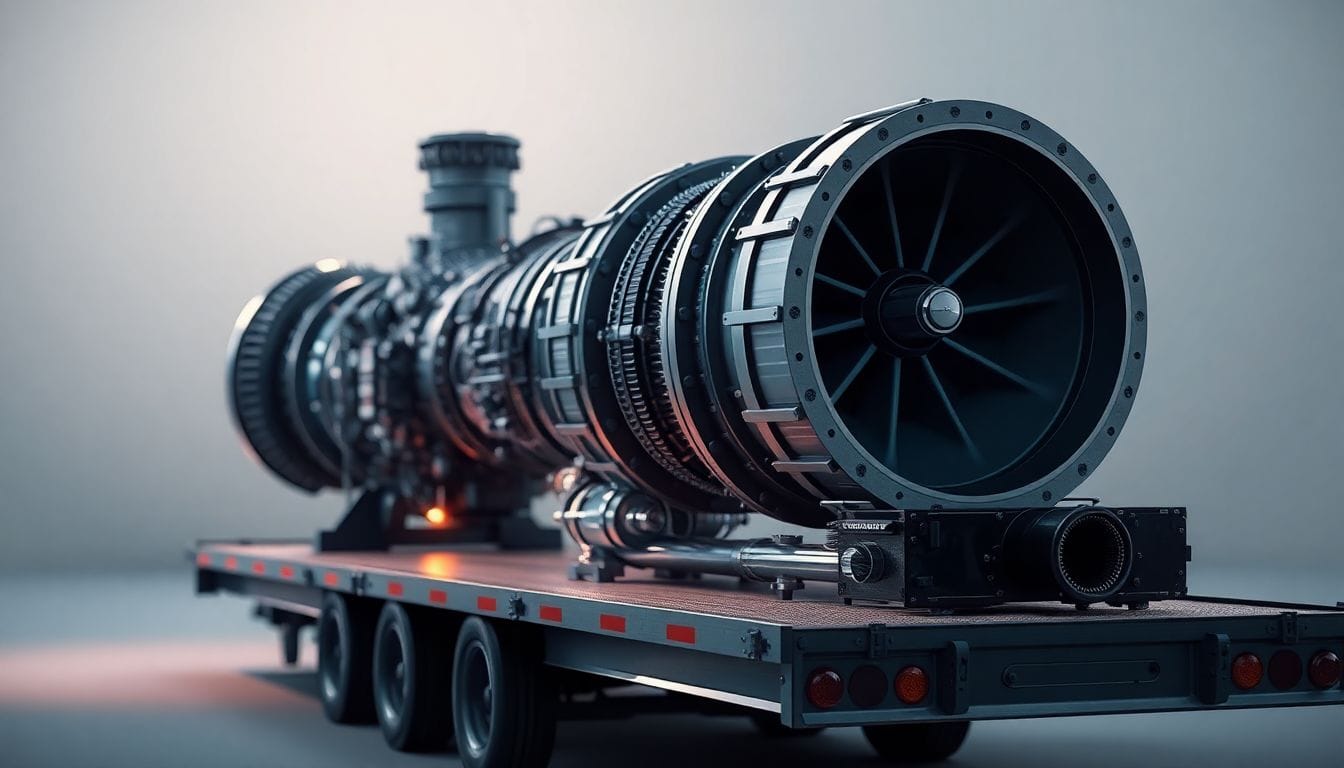 Turbina a gás em um caminhão plataforma, representando a xAI de Elon Musk, que opera quase 50 turbinas gasosas sem regulamentação na sua central de dados no Mississippi, impactando a qualidade do ar na região.