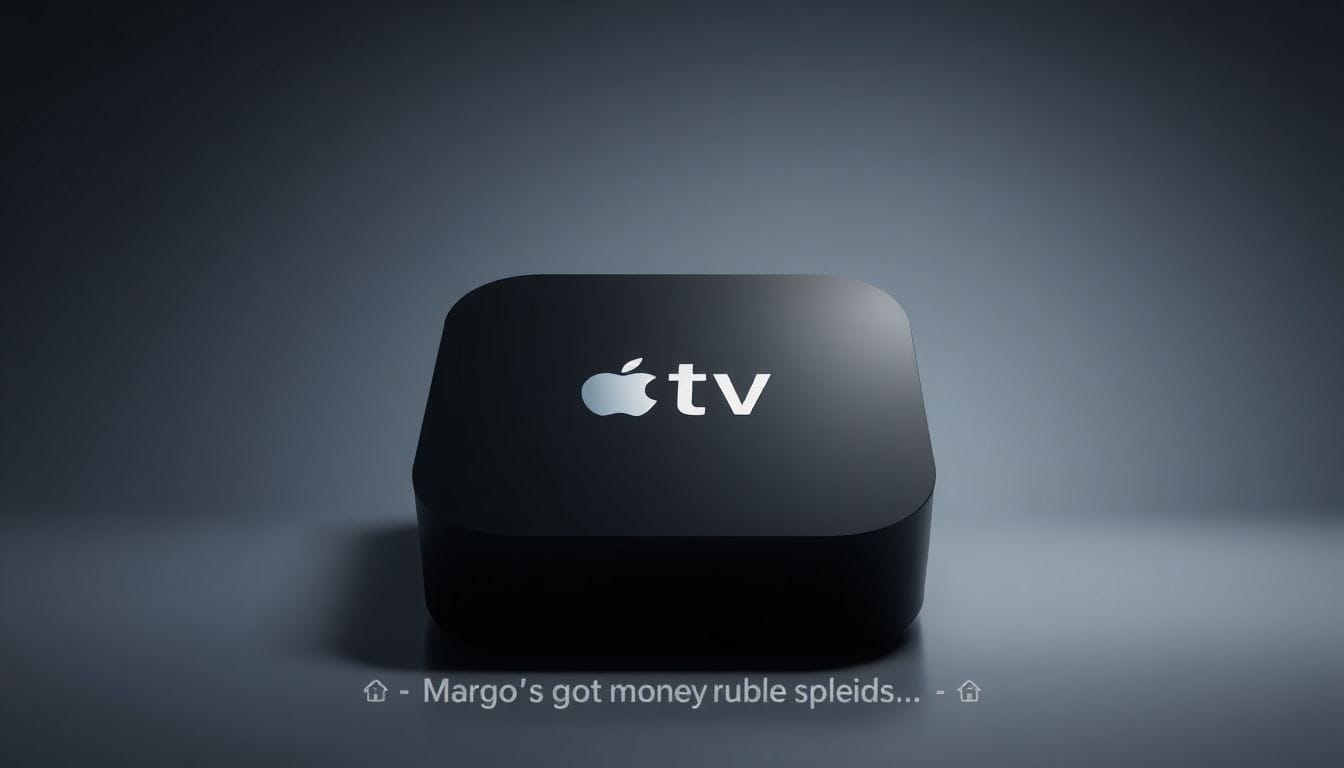 Imagem fotorealista da Apple TV, destacando o novo seriado 'Margo’s Got Money Troubles', que foi renovado para a segunda temporada. A estética moderna da Apple é apresentada em detalhes com iluminação cinematográfica.