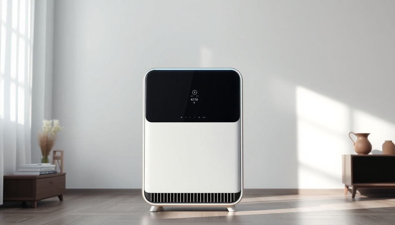 Purificador de ar Dyson com câmera AI, projetado para seguir os usuários pela sala enquanto purifica o ar. Este dispositivo demonstra inovação na tecnologia de purificação, enfatizando a importância do ar fresco em ambientes fechados.