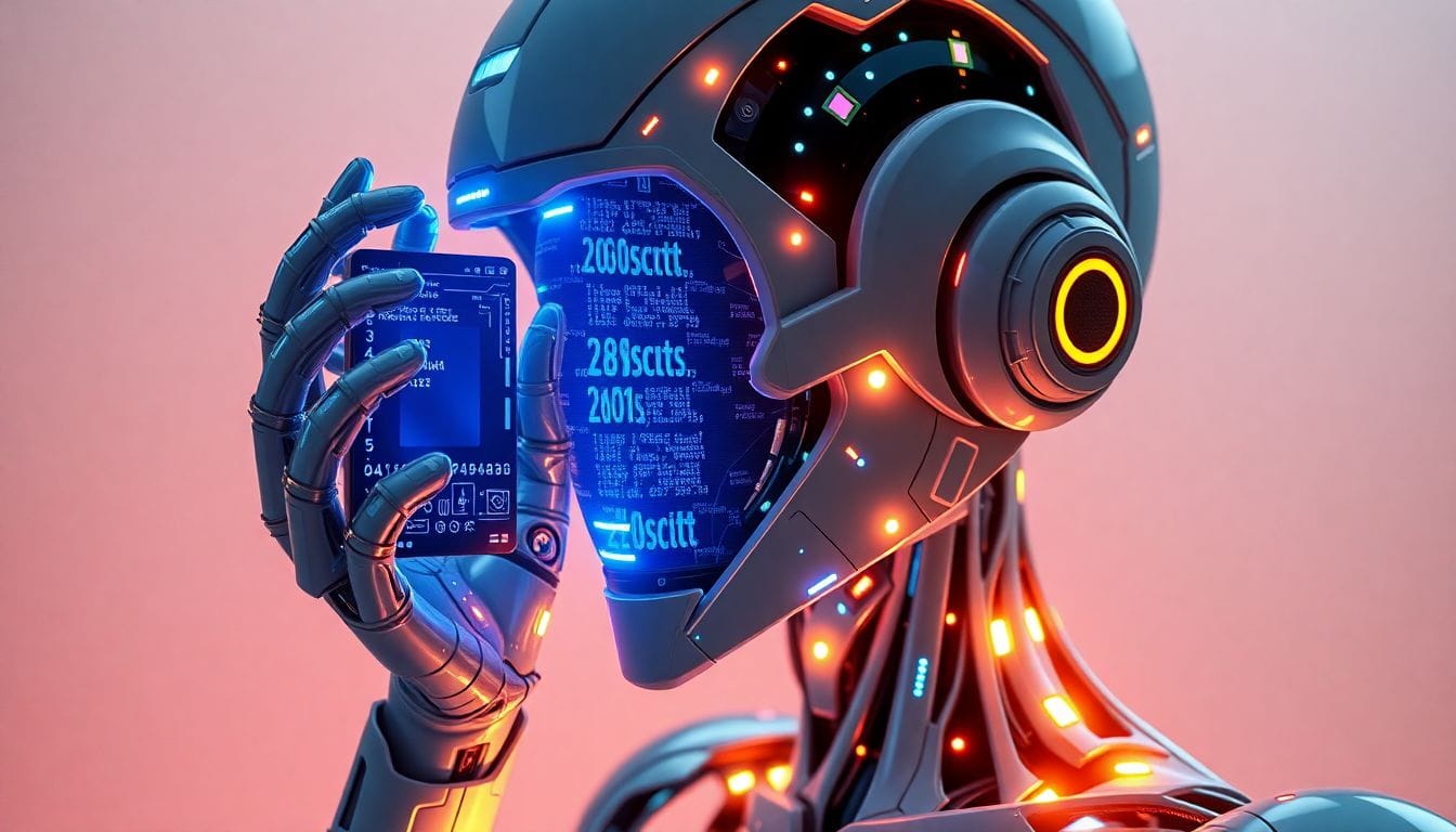 Imagem de um robô futurista analisando sua própria programação, representando o conceito de IA se construindo e melhorando a si mesma, um tema central da notícia 'O que acontece quando a IA começa a se construir?'.