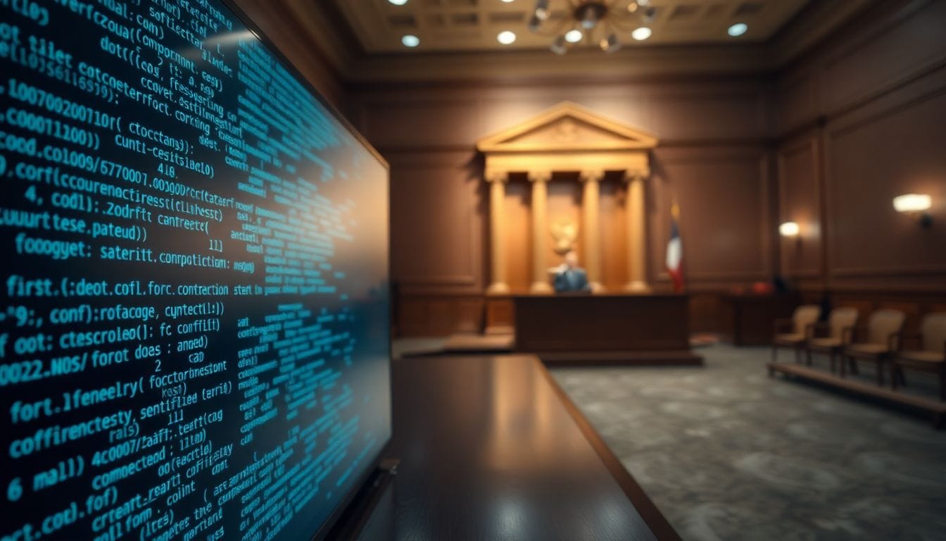 Uma representação visual de um código digital em uma tela, simbolizando a luta de X contra Andrew Tate para proteger a identidade de críticos anônimos, refletindo a batalha sobre a liberdade de expressão na era da tecnologia.