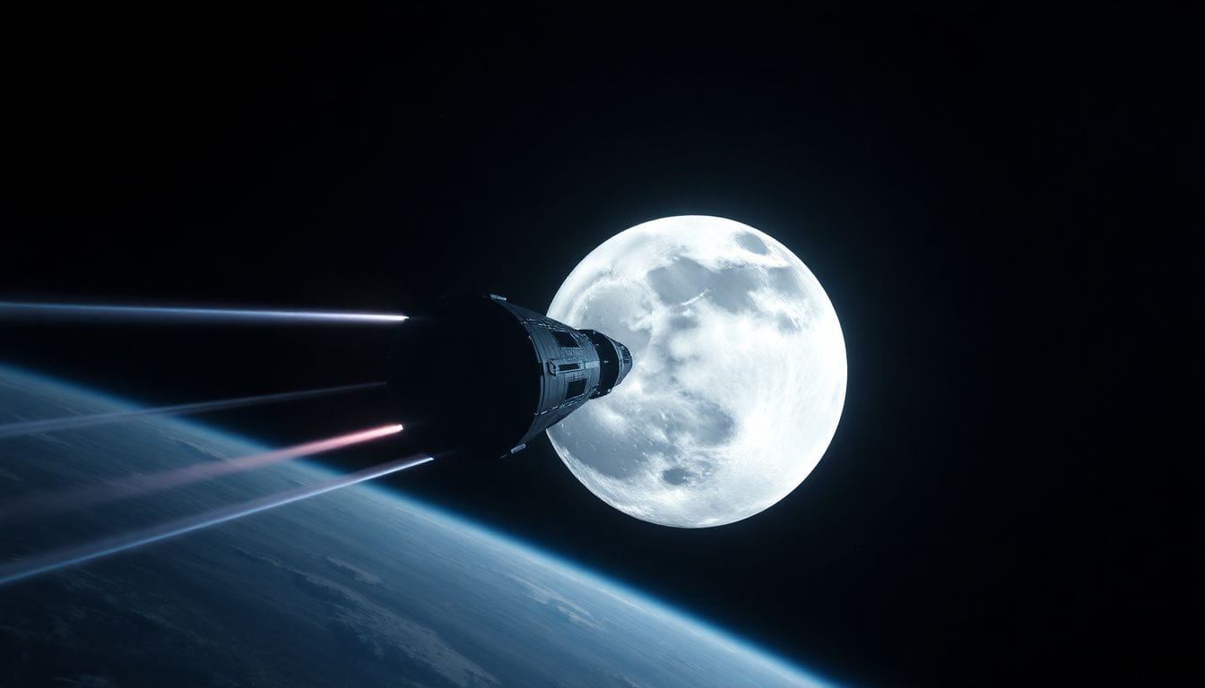 Imagem mostrando uma espaçonave em trajetória rumo à Lua, representando a rota mais econômica mapeada por pesquisadores em uma recente inovação tecnológica no planejamento de missões lunares.