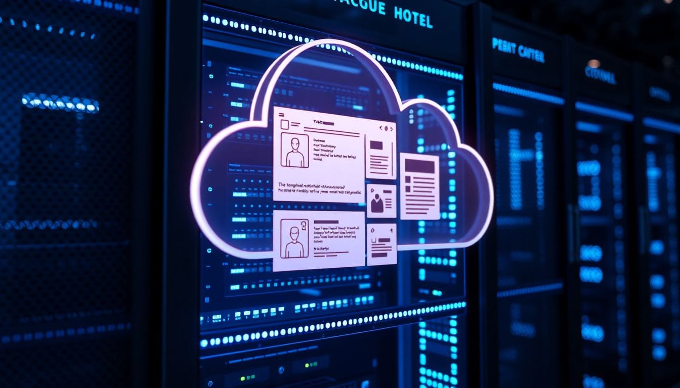 Um servidor moderno com luzes LED azuis exibe uma interface de armazenamento em nuvem aberta, revelando documentos de identidade sensíveis. Este cenário destaca a falha de segurança em um sistema de check-in de hotel, que expôs um milhão de passaportes e carteiras de motorista ao público.
