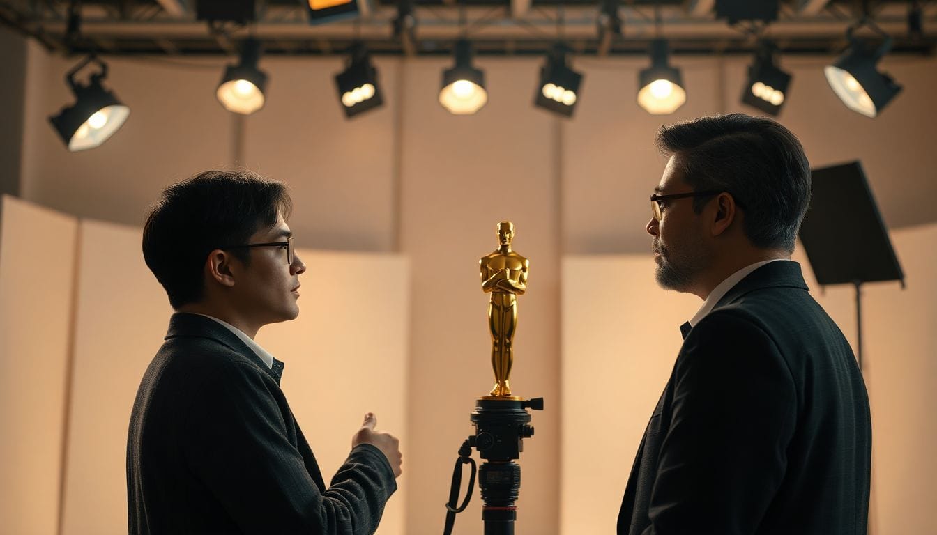 Imagem de um set de filmagem com atores tradicionais, destacando a recente decisão do Oscar de excluir performances geradas por IA das categorias de atuação e roteiro, enfatizando a importância do talento humano no cinema.