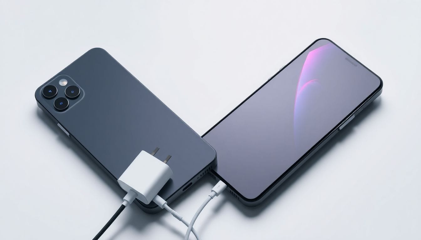 Imagem representativa mostrando o iPhone 17 Pro e o Galaxy S26 Ultra em uma comparação visual. Ambos os dispositivos se destacam em seus testes de carregador, com o iPhone 17 Pro superando rivais com sua tecnologia avançada.