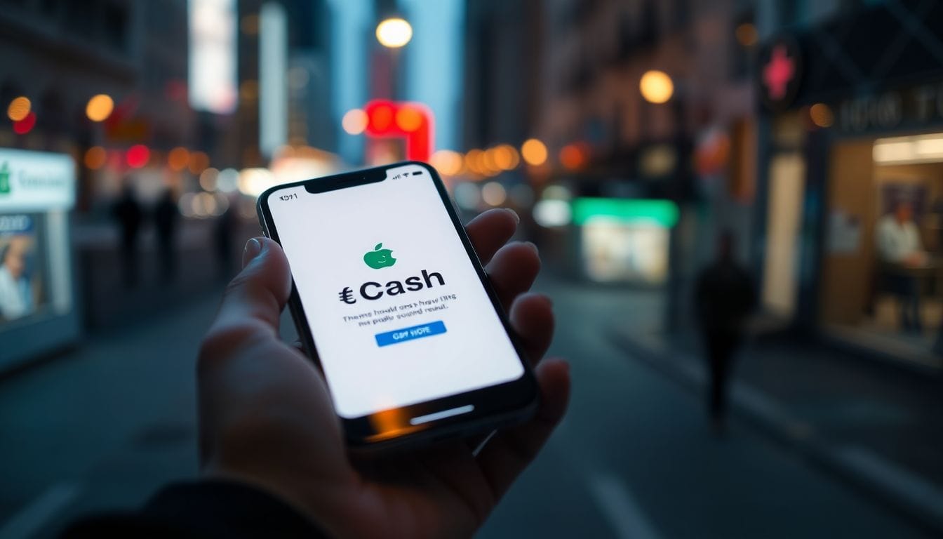 Imagem de um iPhone exibindo o aplicativo Apple Cash, representando a recente interrupção do serviço, que afetou alguns usuários nos EUA. A imagem ilustra como a tecnologia moderna está integrada ao cotidiano das pessoas.