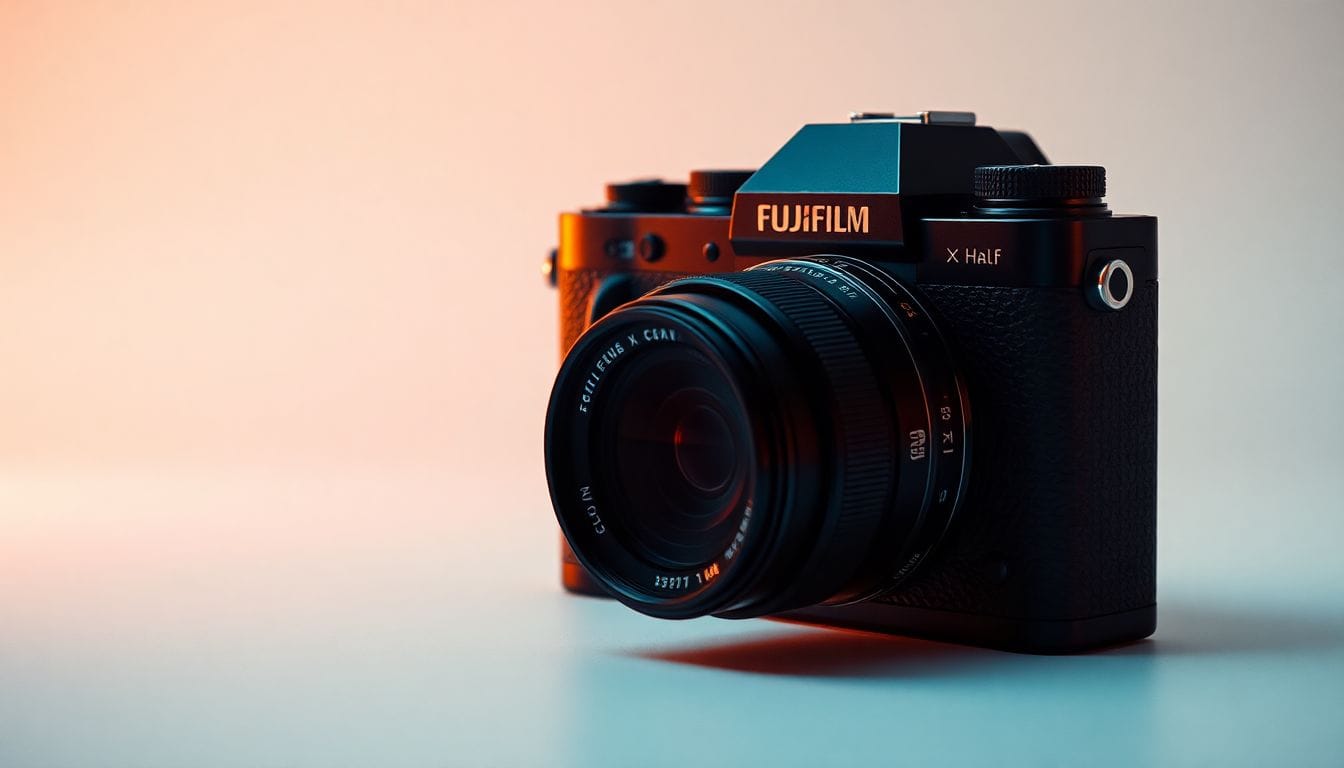 A Fujifilm X Half digital camera em destaque, refletindo sua estética lúdica e vintage, agora com um corte de preço de $300, tornando-se uma opção acessível para fotógrafos que buscam uma experiência analógica em imagens digitais.