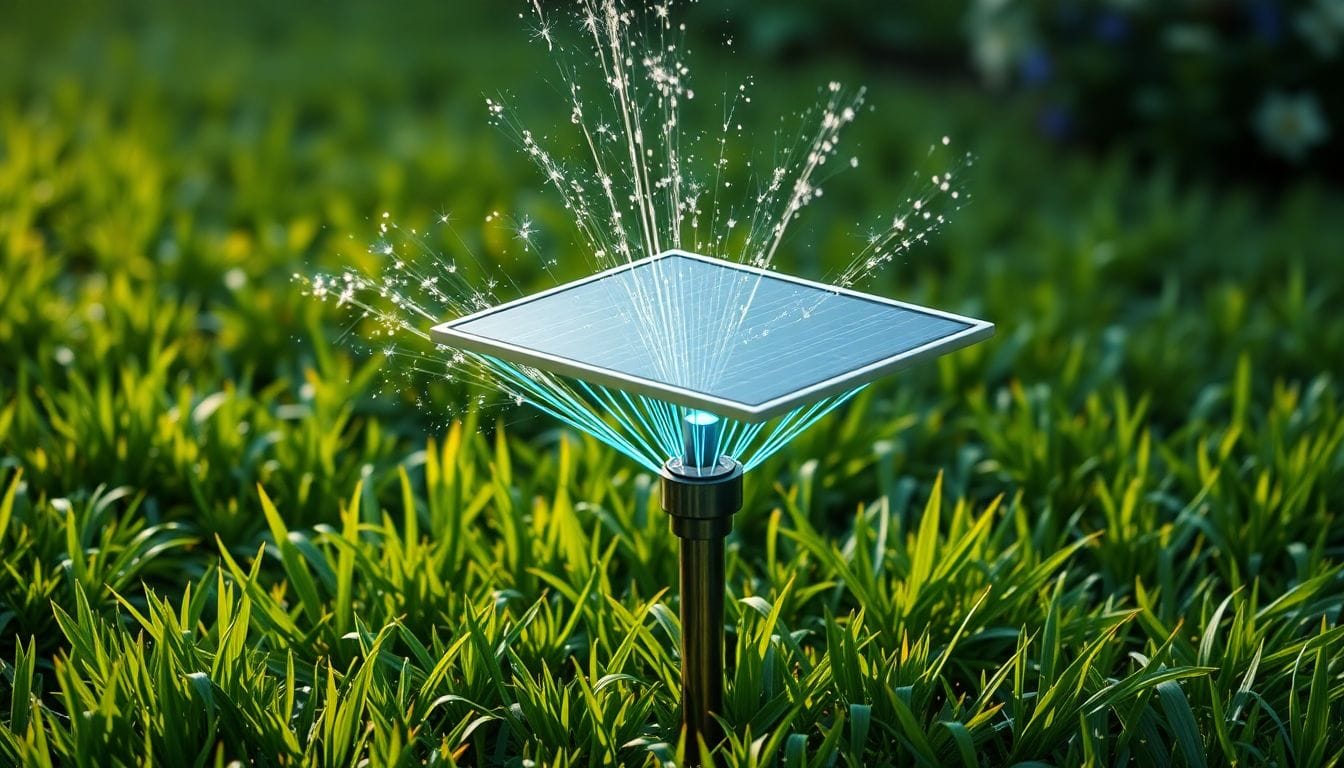 Imagem do Oto Smart Sprinkler, um sistema de irrigação inteligente movido a energia solar, ideal para manter o gramado sempre verde sem a necessidade de cabos de energia.