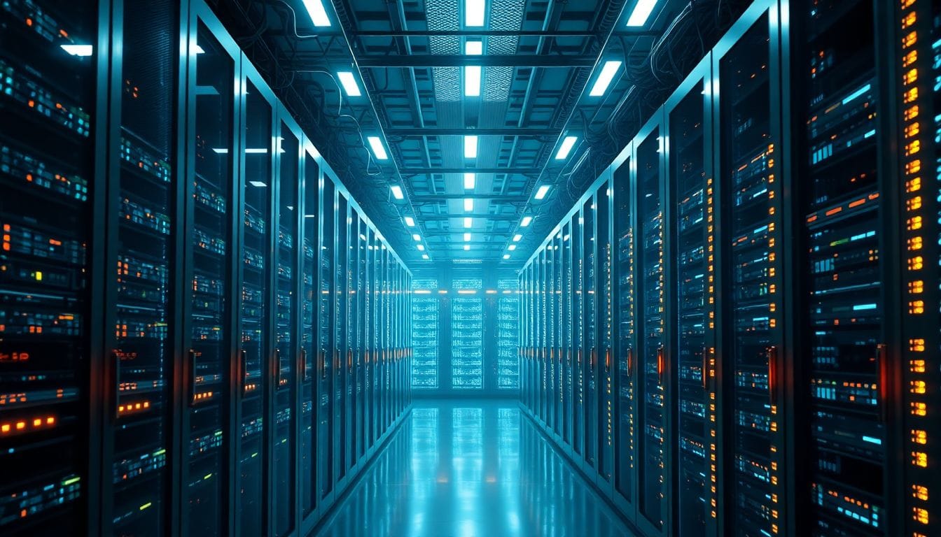 Imagem de um moderno data center, onde Anthropic paga $15 bilhões por ano para acesso aos servidores de Elon Musk, destacando a infraestrutura crítica para o treinamento de inteligência artificial.
