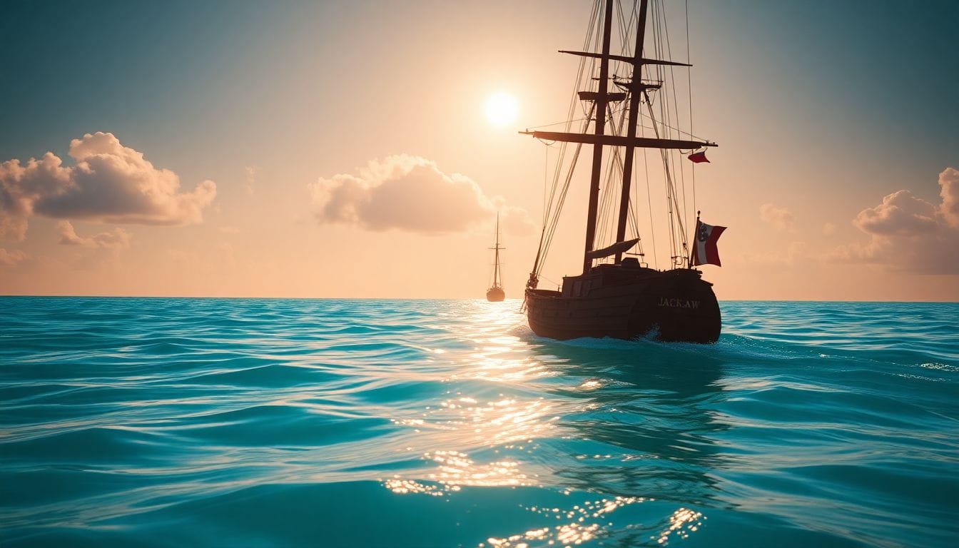 Imagem do navio 'Jackdaw' navegando nas serenas águas do Caribe, simbolizando a nostalgia de jogos como 'Assassin's Creed Black Flag', que provam como os jogos se tornaram excessivamente volumosos e complexos ao longo dos anos.