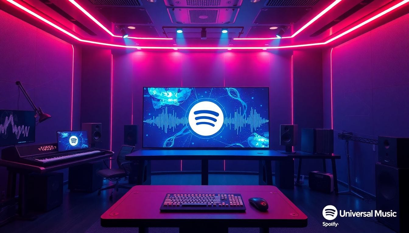 Ambiente de estúdio de música futurista, destacando uma interface de IA inovadora para a criação de capas e remixes de músicas, representando o acordo entre Spotify e Universal Music que permite covers feitos por fãs usando tecnologia de IA.