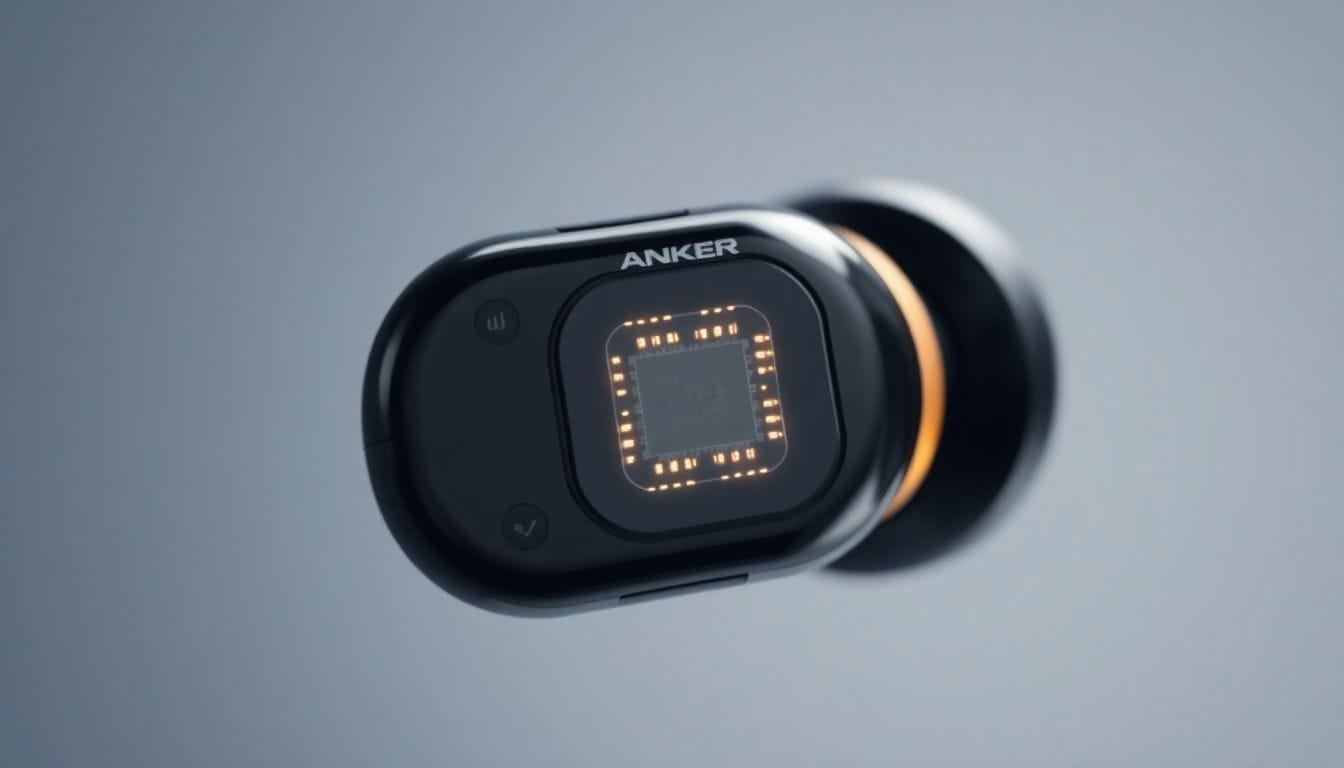 Imagem focada no novo chip Thus da Anker, responsável pela performance sonora dos fones de ouvido Soundcore Liberty 5 Pro, que traz inovações como controle de voz e cancelamento de ruído ativo.