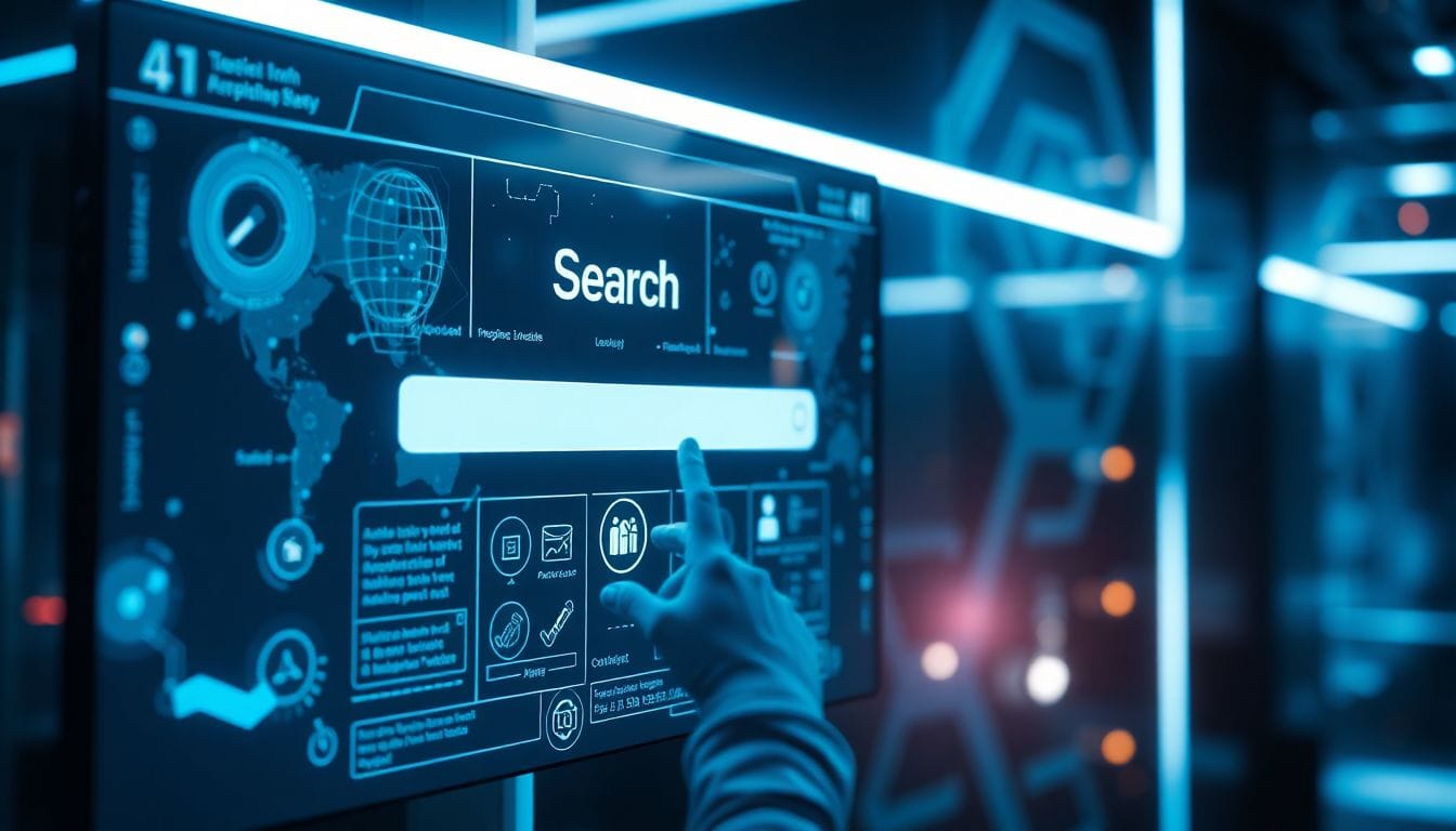 Imagem ilustrativa de um agente de IA interagindo com uma interface de busca futurista, representando a nova era pós-busca do Google. Esta inovação transforma a forma como as informações são acessadas e processadas, destacando o impacto da inteligência artificial na pesquisa digital.