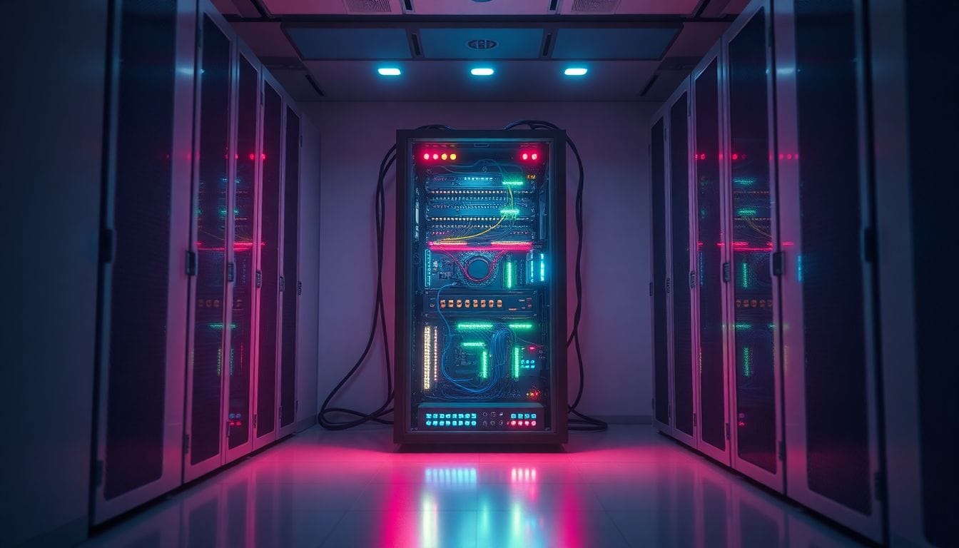 Imagem de um servidor tecnológico que simboliza a controvérsia recente, onde a FTC multou empresas que enganaram consumidores sobre sua capacidade de ouvir conversas. O servidor, cercado por um ambiente minimalista, reflete o futuro da publicidade digital e a privacidade dos dados.