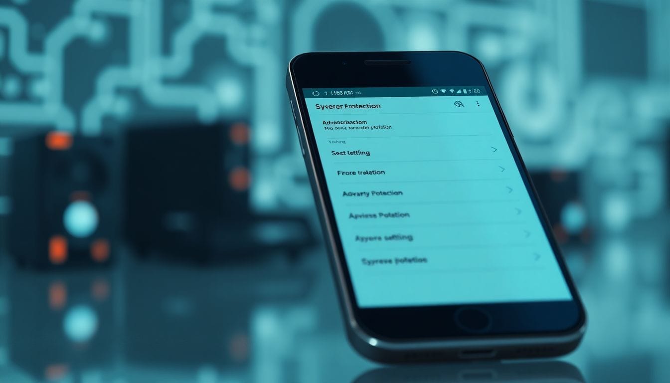 Imagem de um smartphone exibindo recursos avançados de proteção contra spyware, que ajudam a proteger os usuários contra ataques cibernéticos e vigilância governamental.