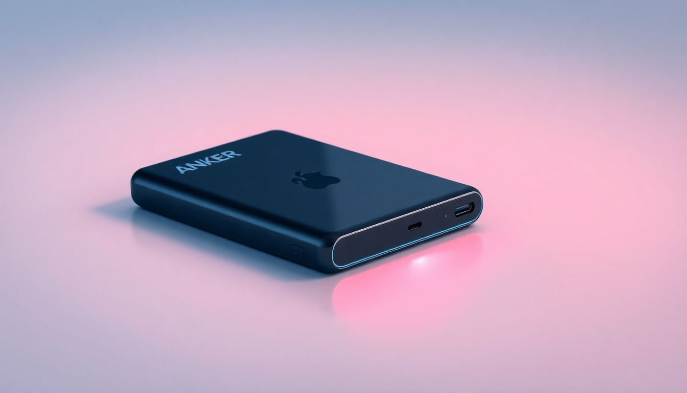 Um moderno banco de potência Anker, ideal para dispositivos eletrônicos, mostrando sua elegante design e capacidade de carga. Este modelo é um dos melhores power banks de 2026, perfeito para manter seus dispositivos sempre conectados.